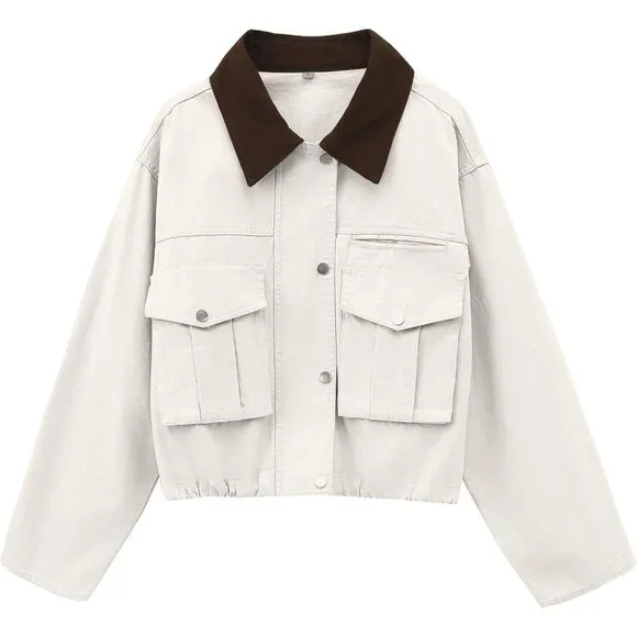 Women's Cream Cropped Contrast Collar Utility Coat Cargo Jacket Imported - Picture 1 of 6